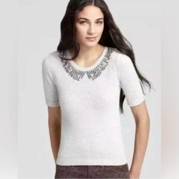 Free People Sweaters - Free People Beaded Cream Short Sleeve Wool Rabbit Hair Sweater Small